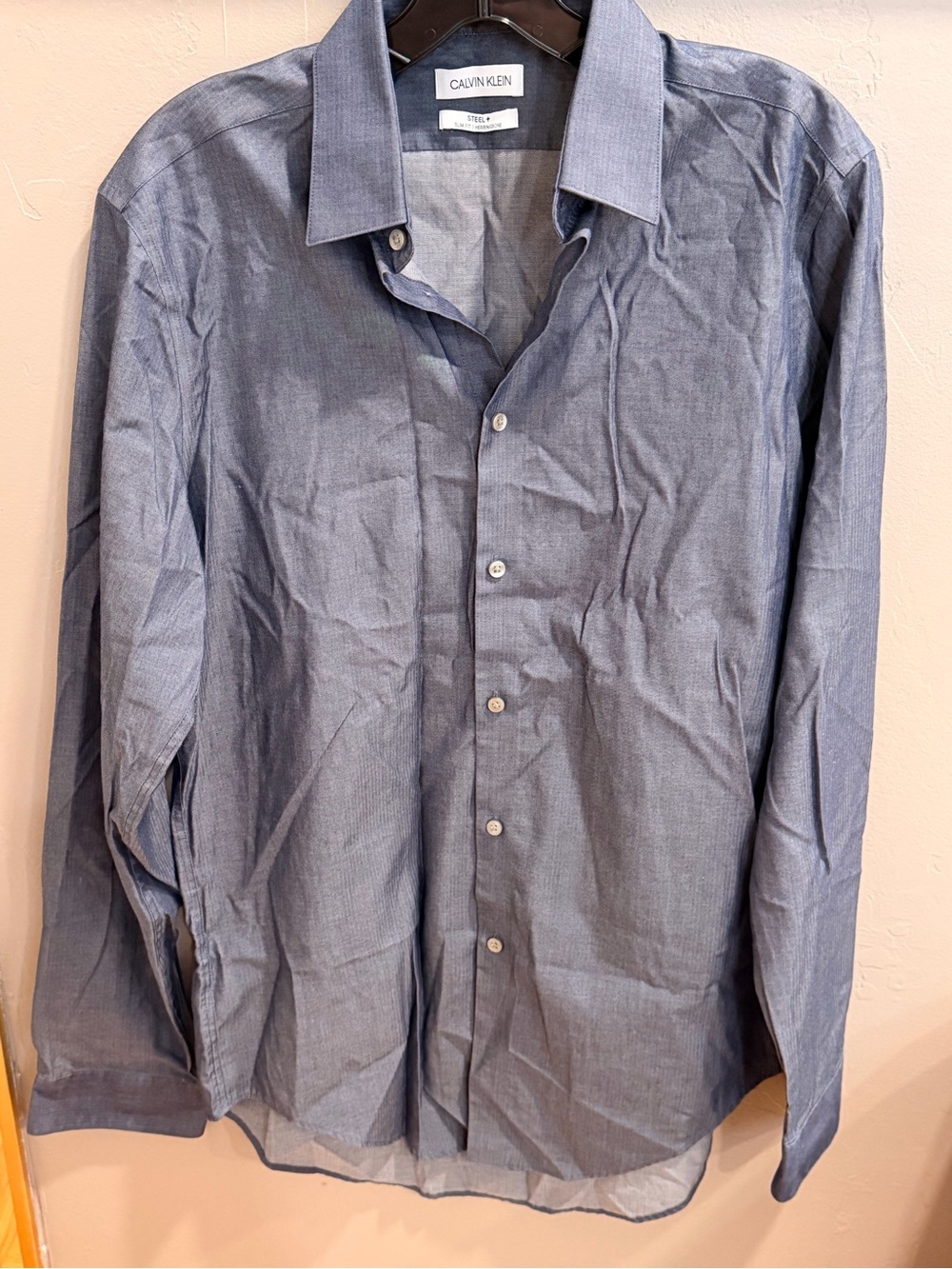 Calvin Klein Men's Steel Slim Fit Herringbone Blue Dress Shirt #533